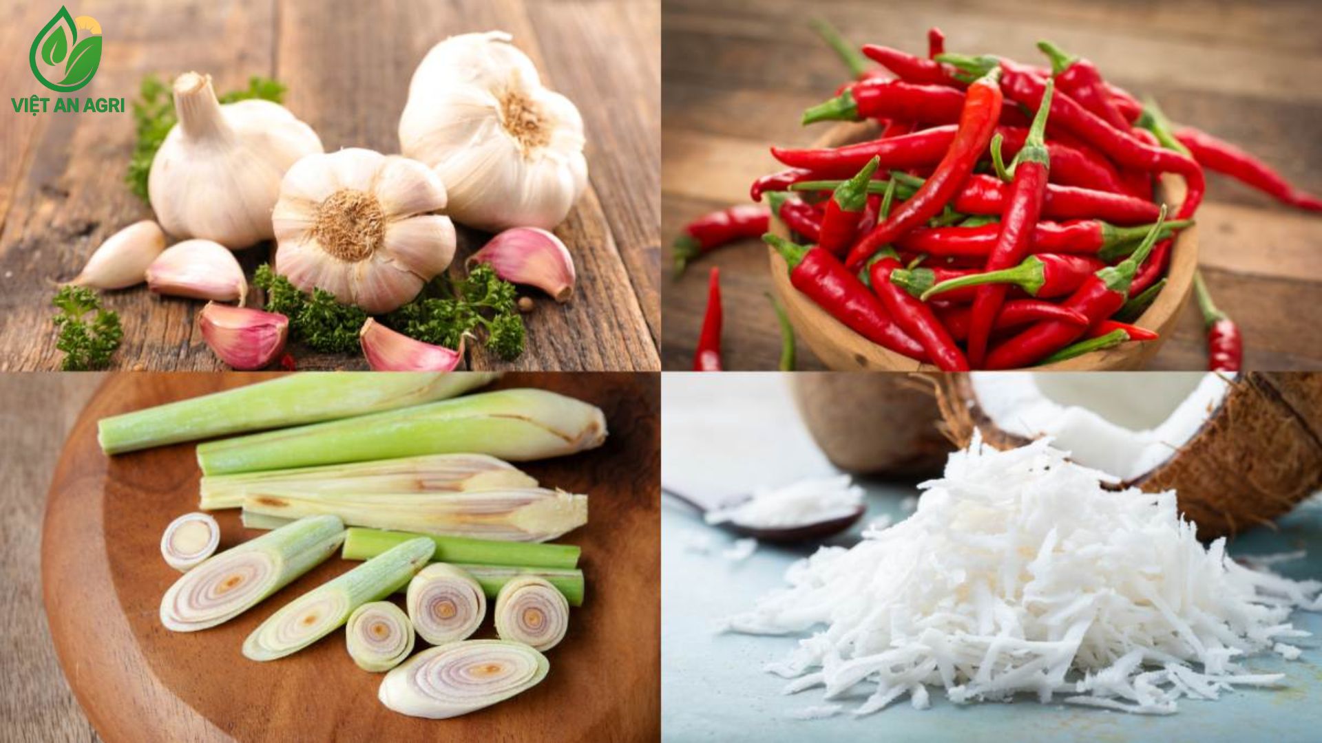 Tỏi-nguyên-củ-và-tép-tỏi-trên-gỗ-mộc-Ớt-đỏ-tươi-trong-bát-gỗ-Sả-nguyên-cây-và-cắt-lát-trên-thớt-gỗ-Món-Dừa-nạo-trắng-tinh-khiết-bên-cạnh-nửa-quả-Dừa-trên-nền-xanh-nhạt
